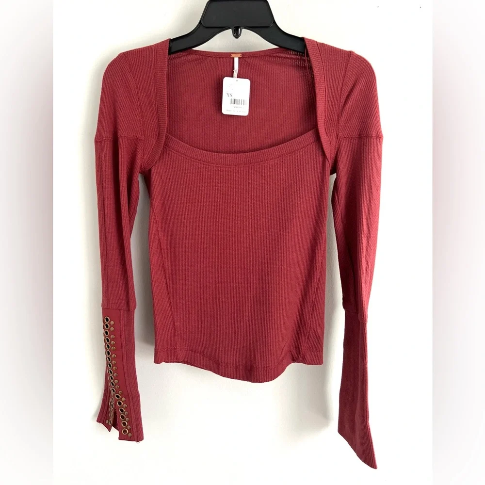 FREE PEOPLE A Little Unruly Top - Size XS - Red Jasper Long Sleeve Boho - NWT